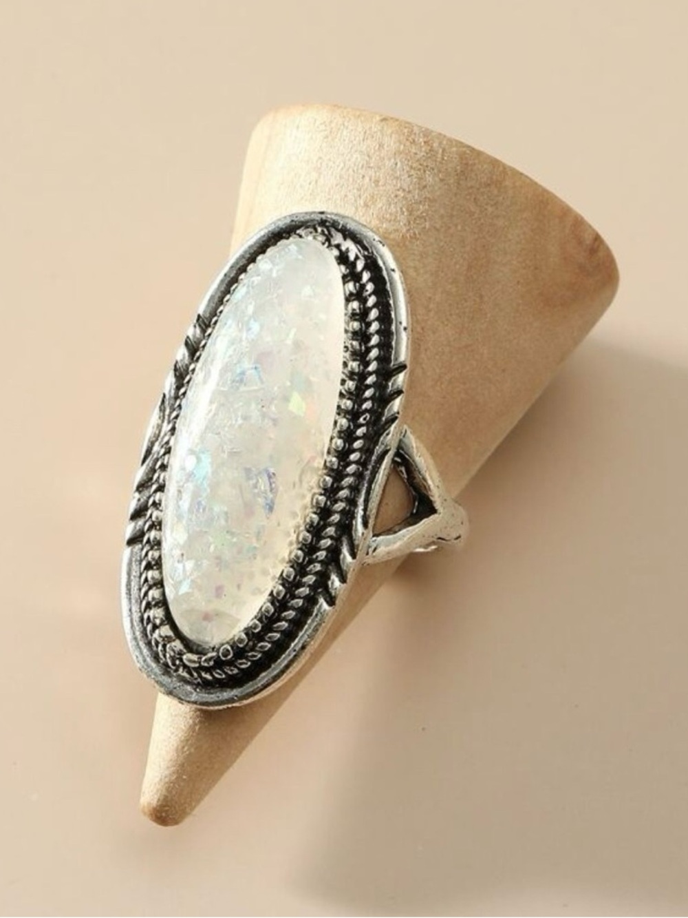 Vintage Bohemian Style Jewelry White Opal & Antique Silver Oval Ring - Size 7.5